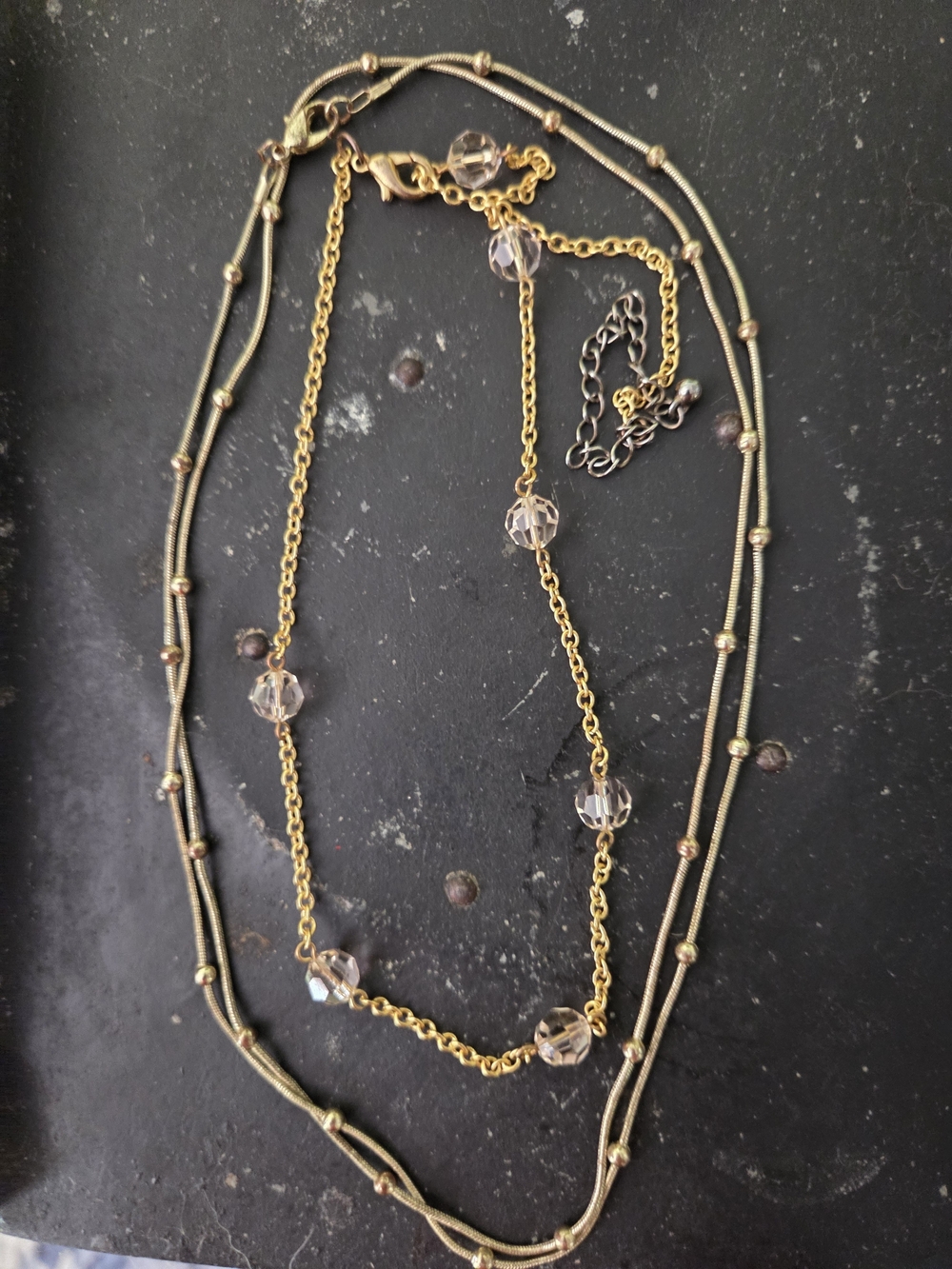 Vintage Gold-Tone Dual Strand Necklace with Clear Crystal Beads